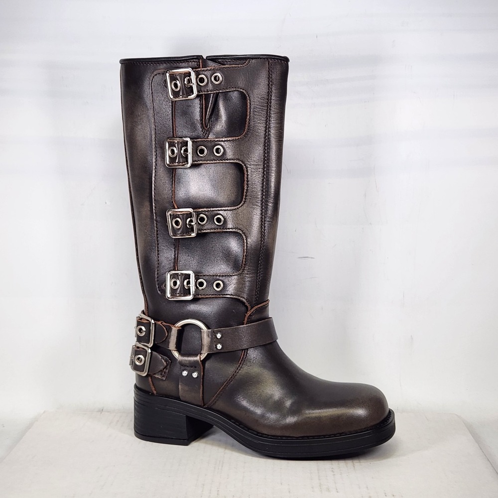 Steve Madden Rocky Boots Women Size 6.5 Brown Distressed Buckle Harness Boot